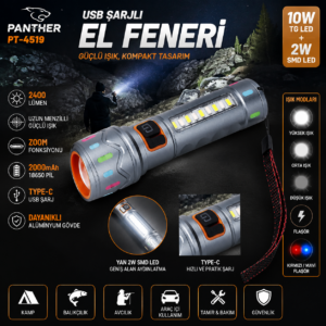  Panther PT-4519 Usb Şarjlı El Feneri